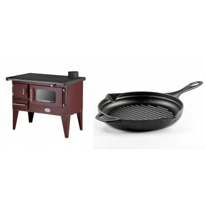 Set Küchenofen / Küchenhexe mit Backofen und Kochplatte Zvezda, Modell Narodna E Braun, Beine, Leistung 6.1 kW + Emaillierte grillpfanne Gusseisen Solagio, Black Onyx, Ф28cm - Kaminofen - Holzofen mit Backfach