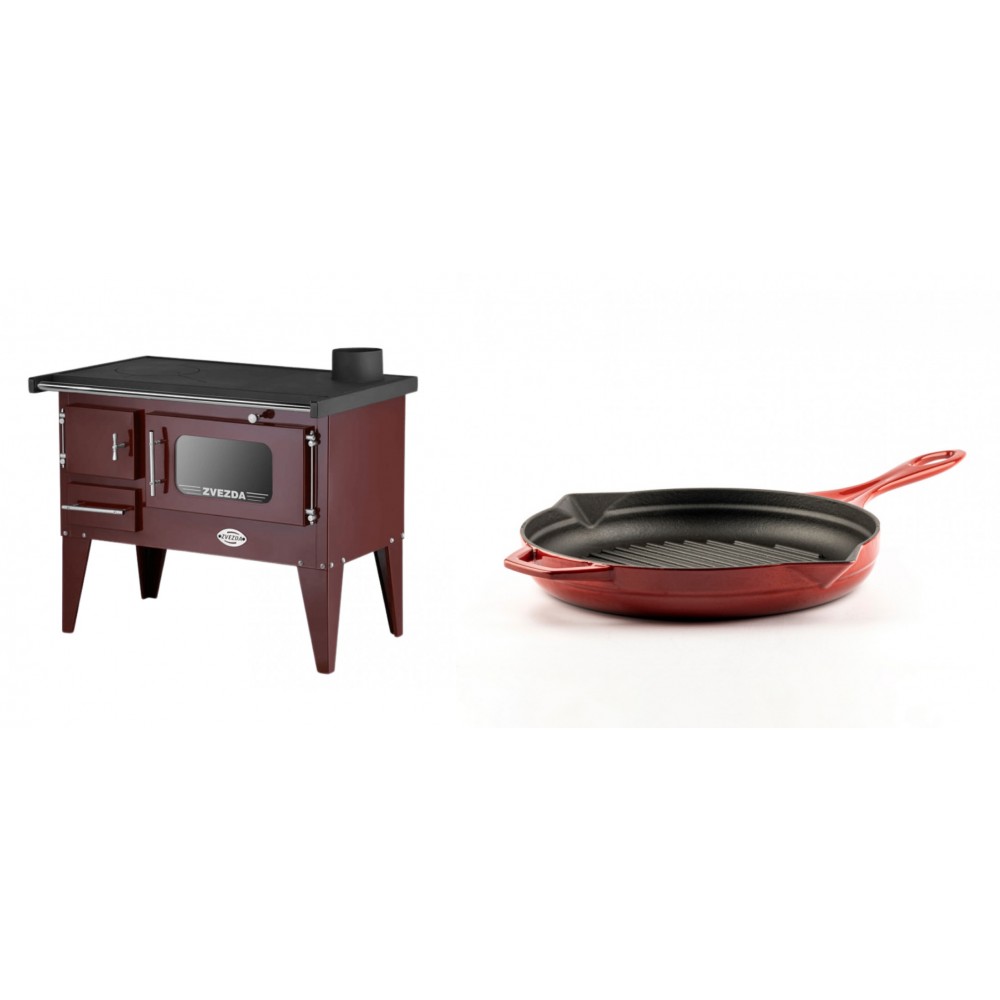 Set Küchenofen / Küchenhexe mit Backofen und Kochplatte Zvezda, Modell Narodna E Braun, Beine, Leistung 6.1 kW + Emaillierte grillpfanne Gusseisen Solagio, Rubin, Ф24cm
