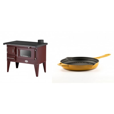 Set Küchenofen / Küchenhexe mit Backofen und Kochplatte Zvezda, Modell Narodna E Braun, Beine, Leistung 6.1 kW + Emaillierte grillpfanne Gusseisen Solagio, Dijon, Ф24cm - Kaminofen - Holzofen mit Backfach