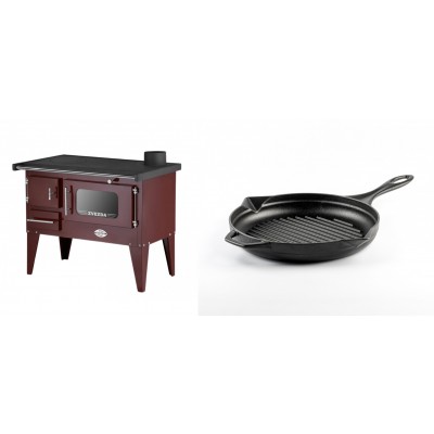 Set Küchenofen / Küchenhexe mit Backofen und Kochplatte Zvezda, Modell Narodna E Braun, Beine, Leistung 6.1 kW + Emaillierte grillpfanne Gusseisen Solagio, Black Onyx, Ф24cm - Kaminofen - Holzofen mit Backfach