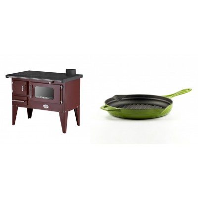 Set Küchenofen / Küchenhexe mit Backofen und Kochplatte Zvezda, Modell Narodna E Braun, Beine, Leistung 6.1 kW + Emaillierte grillpfanne Gusseisen Solagio, Bamboo, Ф24cm - Kaminofen - Holzofen mit Backfach