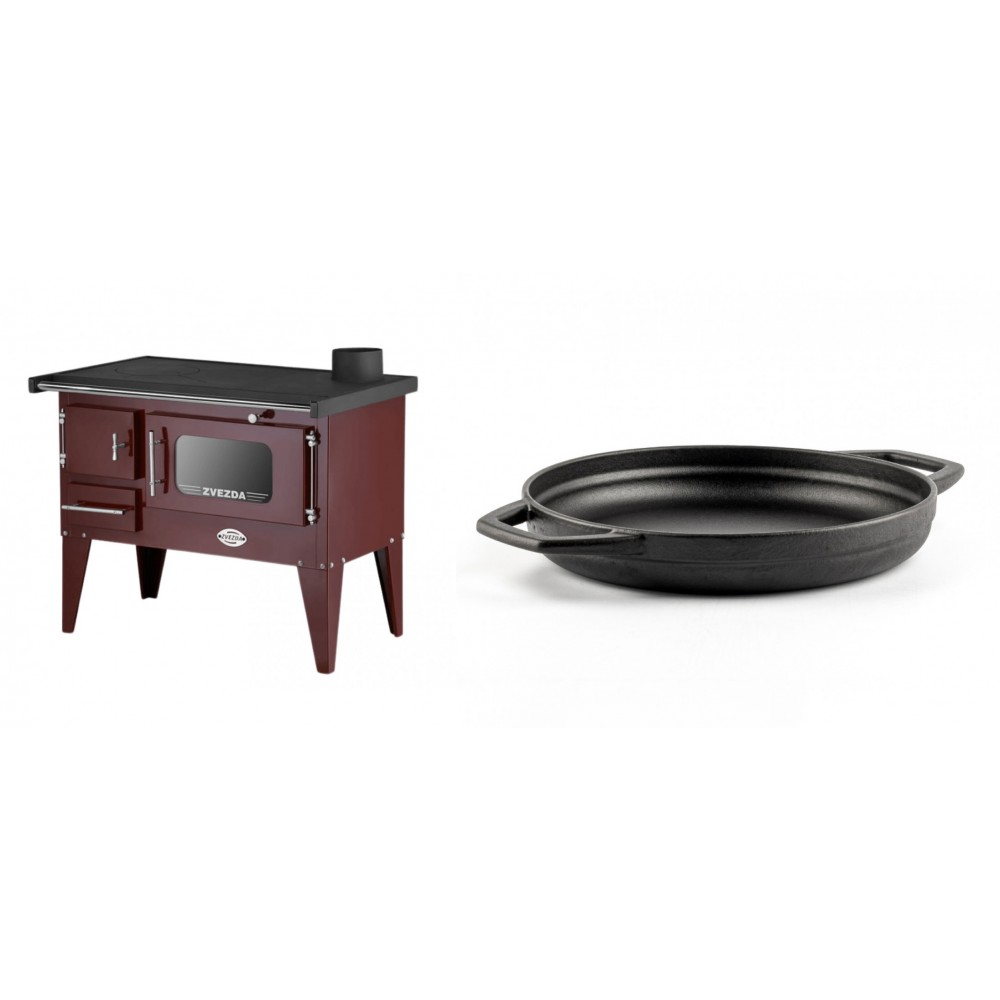Set Küchenofen / Küchenhexe mit Backofen und Kochplatte Zvezda, Modell Narodna E Braun, Beine, Leistung 6.1 kW + Emaillierte gusseisenpfanne mit zwei Griffen Solagio, Black Onyx, Ф22cm | Kaminofen - Holzofen mit Backfach | Kaminofen |