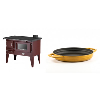 Set Küchenofen / Küchenhexe mit Backofen und Kochplatte Zvezda, Modell Narodna E Braun, Beine, Leistung 6.1 kW + Emaillierte gusseisenpfanne mit zwei Griffen Solagio, Dijon, Ф22cm - Kaminofen - Holzofen mit Backfach