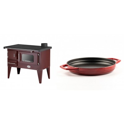 Set Küchenofen / Küchenhexe mit Backofen und Kochplatte Zvezda, Modell Narodna E Braun, Beine, Leistung 6.1 kW + Emaillierte gusseisenpfanne mit zwei Griffen Solagio, Rubin, Ф22cm - Kaminofen - Holzofen mit Backfach