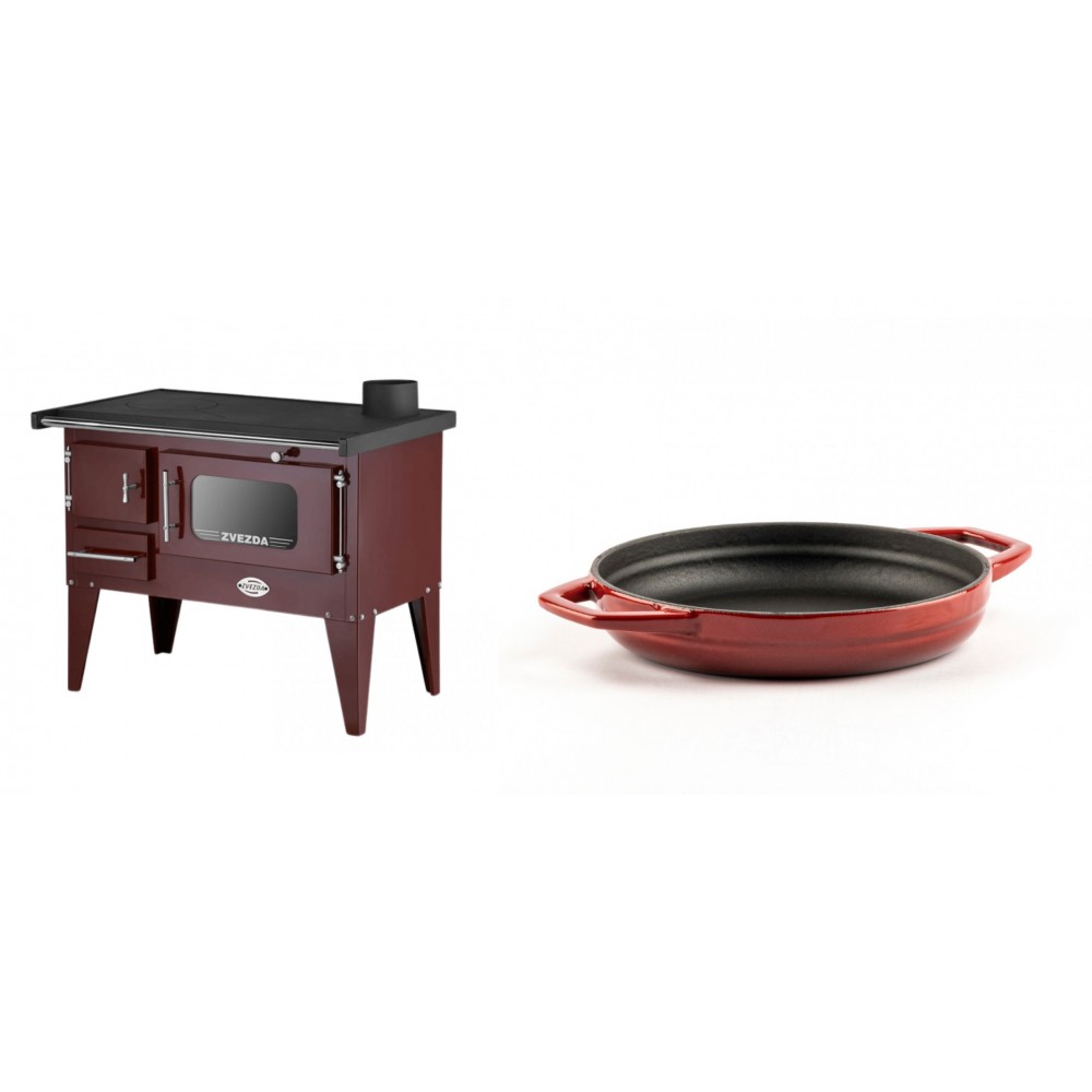 Set Küchenofen / Küchenhexe mit Backofen und Kochplatte Zvezda, Modell Narodna E Braun, Beine, Leistung 6.1 kW + Emaillierte gusseisenpfanne mit zwei Griffen Solagio, Rubin, Ф19cm