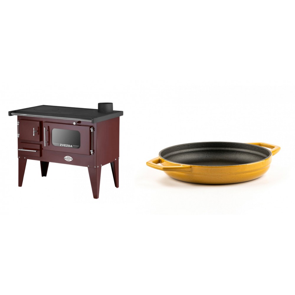 Set Küchenofen / Küchenhexe mit Backofen und Kochplatte Zvezda, Modell Narodna E Braun, Beine, Leistung 6.1 kW + Emaillierte gusseisenpfanne mit zwei Griffen Solagio, Dijon, Ф19cm | Kaminofen - Holzofen mit Backfach | Kaminofen |