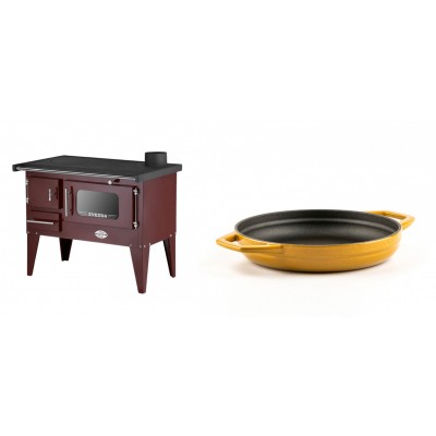 Set Küchenofen / Küchenhexe mit Backofen und Kochplatte Zvezda, Modell Narodna E Braun, Beine, Leistung 6.1 kW + Emaillierte gusseisenpfanne mit zwei Griffen Solagio, Dijon, Ф19cm - Kaminofen - Holzofen mit Backfach