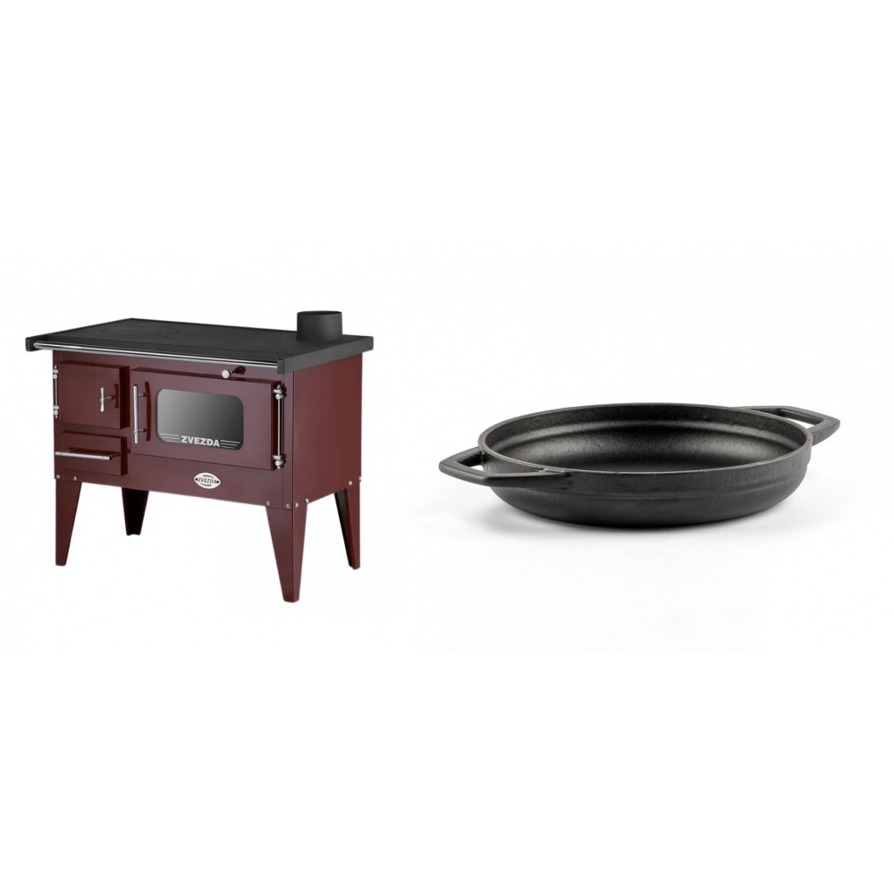 Set Küchenofen / Küchenhexe mit Backofen und Kochplatte Zvezda, Modell Narodna E Braun, Beine, Leistung 6.1 kW + Emaillierte gusseisenpfanne mit zwei Griffen Solagio, Black Onyx, Ф19cm