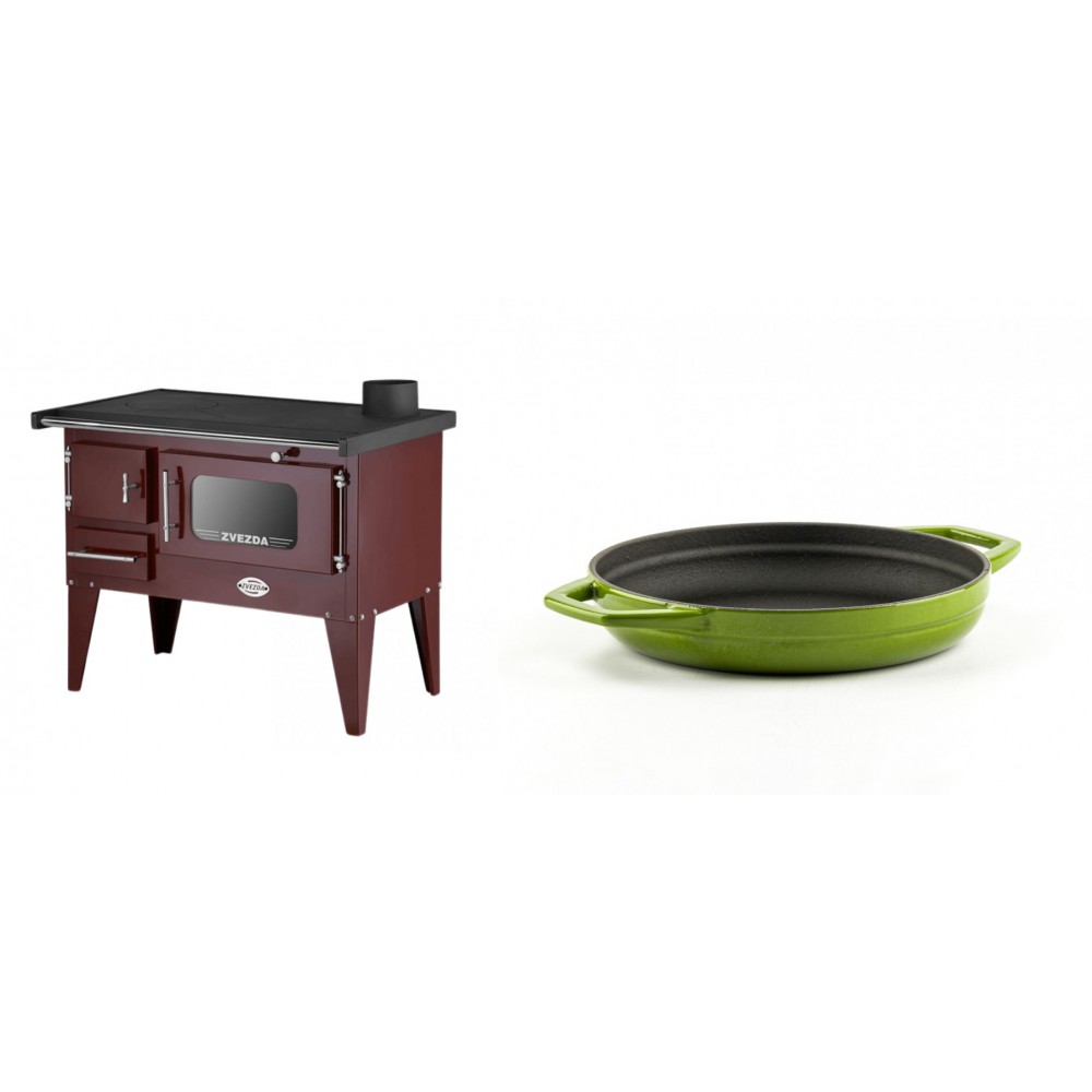 Set Küchenofen / Küchenhexe mit Backofen und Kochplatte Zvezda, Modell Narodna E Braun, Beine, Leistung 6.1 kW + Emaillierte gusseisenpfanne mit zwei Griffen Solagio, Bamboo, Ф19cm