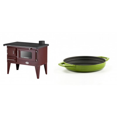 Set Küchenofen / Küchenhexe mit Backofen und Kochplatte Zvezda, Modell Narodna E Braun, Beine, Leistung 6.1 kW + Emaillierte gusseisenpfanne mit zwei Griffen Solagio, Bamboo, Ф19cm - Kaminofen - Holzofen mit Backfach