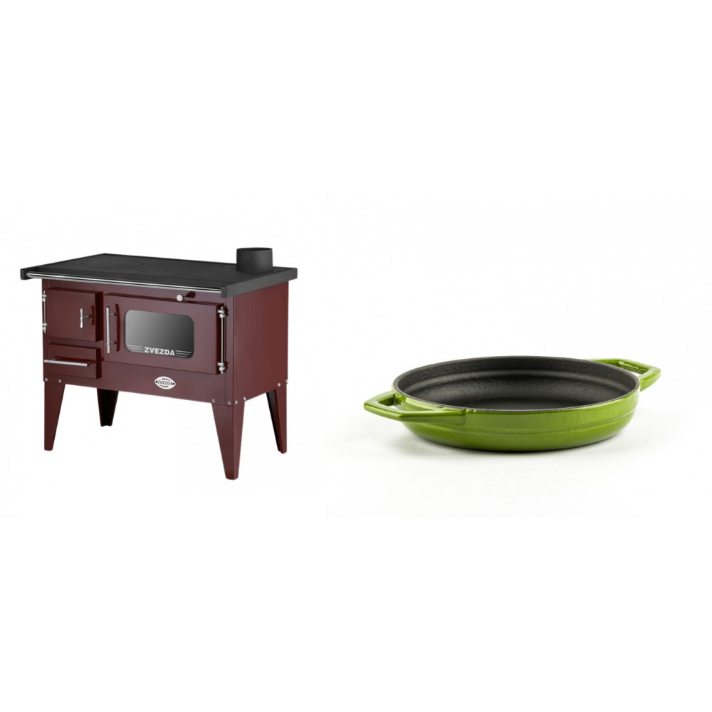 Set Küchenofen / Küchenhexe mit Backofen und Kochplatte Zvezda, Modell Narodna E Braun, Beine, Leistung 6.1 kW + Emaillierte gusseisenpfanne mit zwei Griffen Solagio, Bamboo, Ф16cm