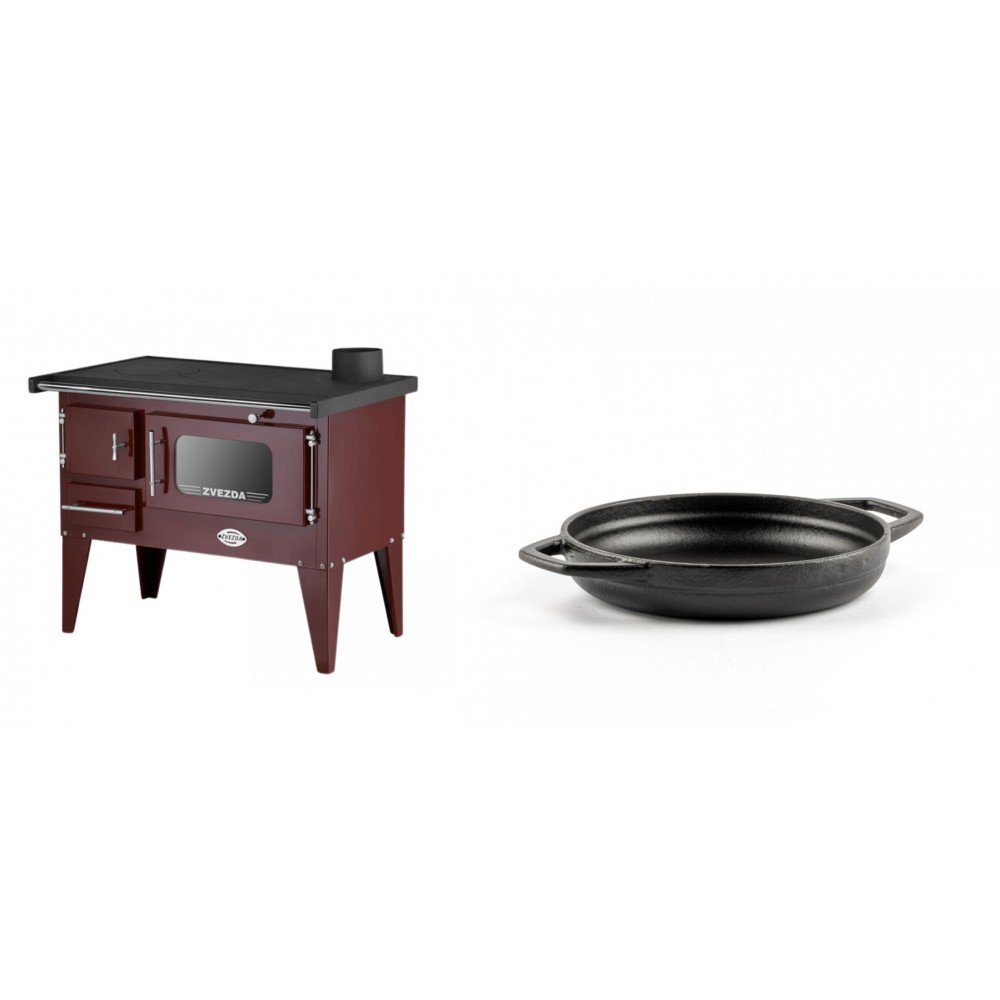 Set Küchenofen / Küchenhexe mit Backofen und Kochplatte Zvezda, Modell Narodna E Braun, Beine, Leistung 6.1 kW + Emaillierte gusseisenpfanne mit zwei Griffen Solagio, Black Onyx, Ф16cm