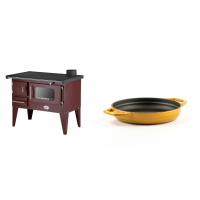 Set Küchenofen / Küchenhexe mit Backofen und Kochplatte Zvezda, Modell Narodna E Braun, Beine, Leistung 6.1 kW + Emaillierte gusseisenpfanne mit zwei Griffen Solagio, Dijon, Ф16cm - Kaminofen - Holzofen mit Backfach