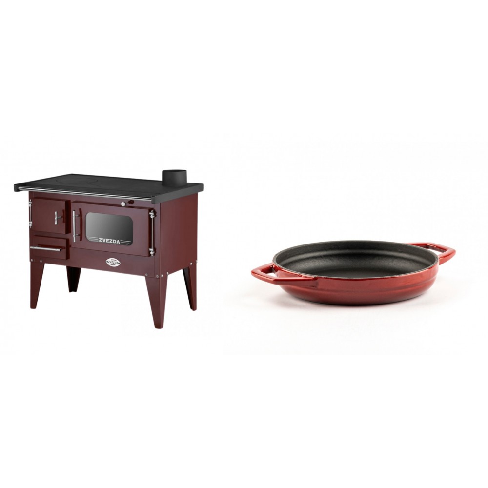 Set Küchenofen / Küchenhexe mit Backofen und Kochplatte Zvezda, Modell Narodna E Braun, Beine, Leistung 6.1 kW + Emaillierte gusseisenpfanne mit zwei Griffen Solagio, Rubin, Ф16cm | Kaminofen - Holzofen mit Backfach | Kaminofen |