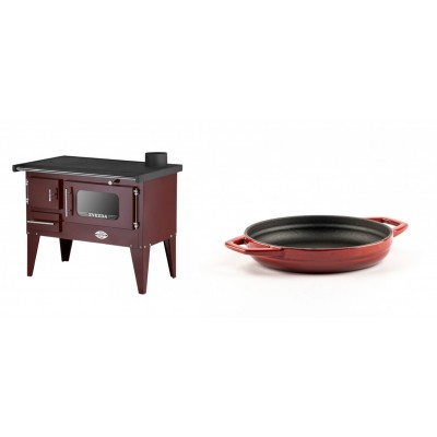Set Küchenofen / Küchenhexe mit Backofen und Kochplatte Zvezda, Modell Narodna E Braun, Beine, Leistung 6.1 kW + Emaillierte gusseisenpfanne mit zwei Griffen Solagio, Rubin, Ф16cm - Kaminofen - Holzofen mit Backfach
