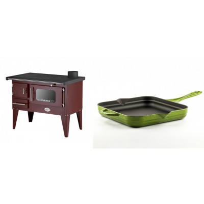 Set Küchenofen / Küchenhexe mit Backofen und Kochplatte Zvezda, Modell Narodna E Braun, Beine, Leistung 6.1 kW + Emaillierte Gusseisenpfanne Solagio, Bamboo, 28x28cm - Kaminofen - Holzofen mit Backfach