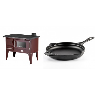 Set Küchenofen / Küchenhexe mit Backofen und Kochplatte Zvezda, Modell Narodna E Braun, Beine, Leistung 6.1 kW + Emaillierte Gusseisenpfanne Solagio, Black Onyx, Ф28cm - Kaminofen - Holzofen mit Backfach