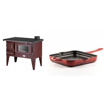 Set Küchenofen / Küchenhexe mit Backofen und Kochplatte Zvezda, Modell Narodna E Braun, Beine, Leistung 6.1 kW + Emaillierte Gusseisenpfanne Solagio, Rubin, 28x28cm - Kaminofen - Holzofen mit Backfach