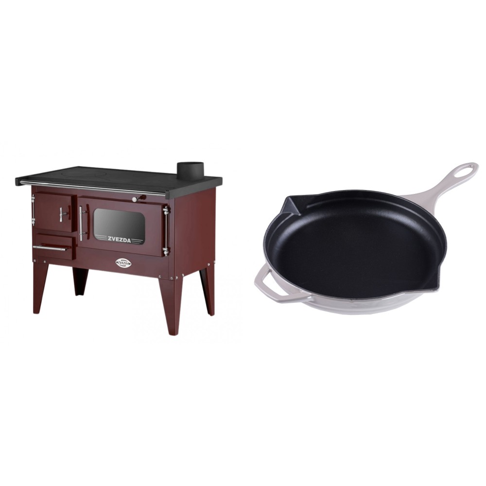 Set Küchenofen / Küchenhexe mit Backofen und Kochplatte Zvezda, Modell Narodna E Braun, Beine, Leistung 6.1 kW + Emaillierte Gusseisenpfanne Solagio, Ivory, Ф28cm | Kaminofen - Holzofen mit Backfach | Kaminofen |