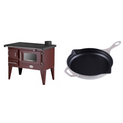 Set Küchenofen / Küchenhexe mit Backofen und Kochplatte Zvezda, Modell Narodna E Braun, Beine, Leistung 6.1 kW + Emaillierte Gusseisenpfanne Solagio, Ivory, Ф28cm - Kaminofen - Holzofen mit Backfach