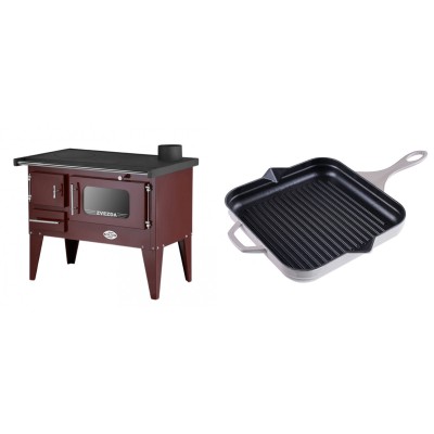 Set Küchenofen / Küchenhexe mit Backofen und Kochplatte Zvezda, Modell Narodna E Braun, Beine, Leistung 6.1 kW + Emaillierte grillpfanne Gusseisen Solagio, Ivory, 28x28cm - Kaminofen - Holzofen mit Backfach