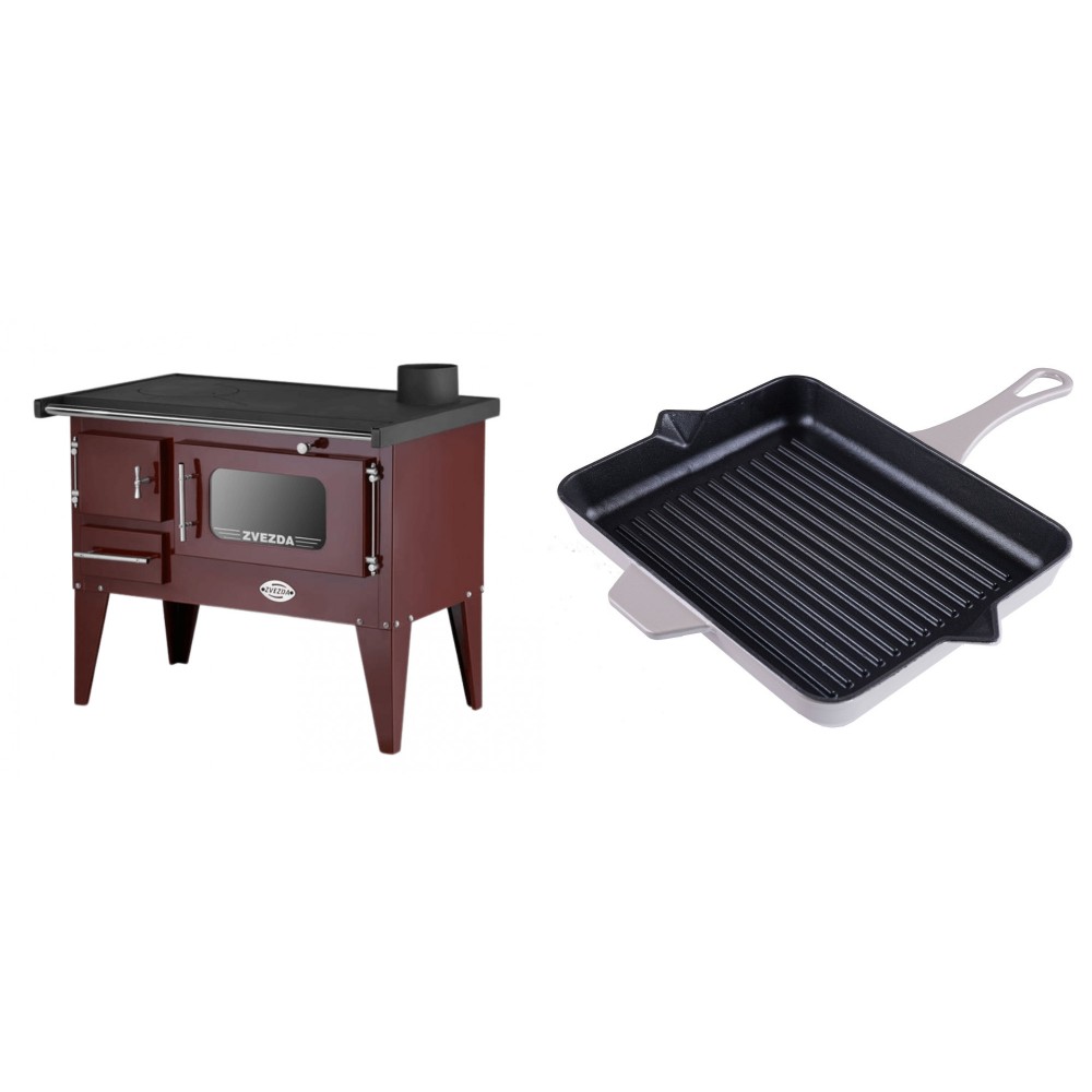 Set Küchenofen / Küchenhexe mit Backofen und Kochplatte Zvezda, Modell Narodna E Braun, Beine, Leistung 6.1 kW + Emaillierte grillpfanne Gusseisen Solagio, Ivory, 26x32cm | Kaminofen - Holzofen mit Backfach | Kaminofen |