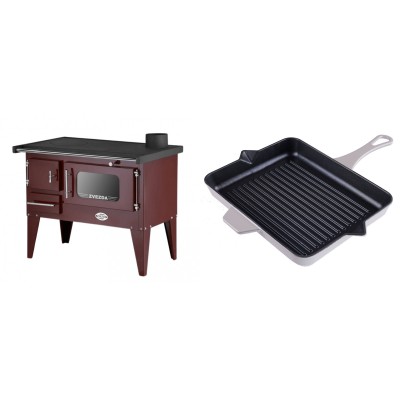 Set Küchenofen / Küchenhexe mit Backofen und Kochplatte Zvezda, Modell Narodna E Braun, Beine, Leistung 6.1 kW + Emaillierte grillpfanne Gusseisen Solagio, Ivory, 26x32cm - Kaminofen - Holzofen mit Backfach