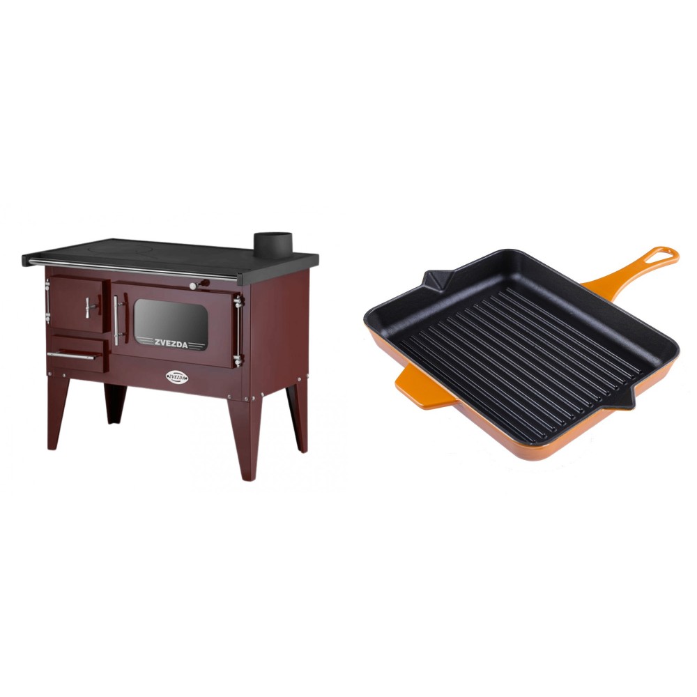 Set Küchenofen / Küchenhexe mit Backofen und Kochplatte Zvezda, Modell Narodna E Braun, Beine, Leistung 6.1 kW + Emaillierte grillpfanne Gusseisen Solagio, Dijon, 26x32cm | Kaminofen - Holzofen mit Backfach | Kaminofen |