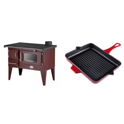 Set Küchenofen / Küchenhexe mit Backofen und Kochplatte Zvezda, Modell Narodna E Braun, Beine, Leistung 6.1 kW + Emaillierte grillpfanne Gusseisen Solagio, Rubin, 26x32cm - Kaminofen - Holzofen mit Backfach