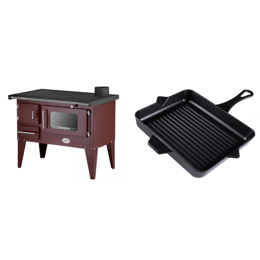 Set Küchenofen / Küchenhexe mit Backofen und Kochplatte Zvezda, Modell Narodna E Braun, Beine, Leistung 6.1 kW + Emaillierte grillpfanne Gusseisen Solagio, Black Onyx, 26x32cm | Kaminofen - Holzofen mit Backfach | Kaminofen |