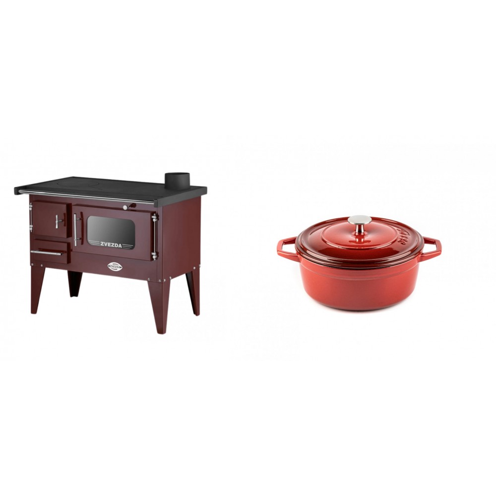 Set Küchenofen / Küchenhexe mit Backofen und Kochplatte Zvezda, Modell Narodna E Braun, Beine, Leistung 6.1 kW + Gusseisen Topf Tiefer Solagio, Rubin, Ф12 | Kaminofen - Holzofen mit Backfach | Kaminofen |