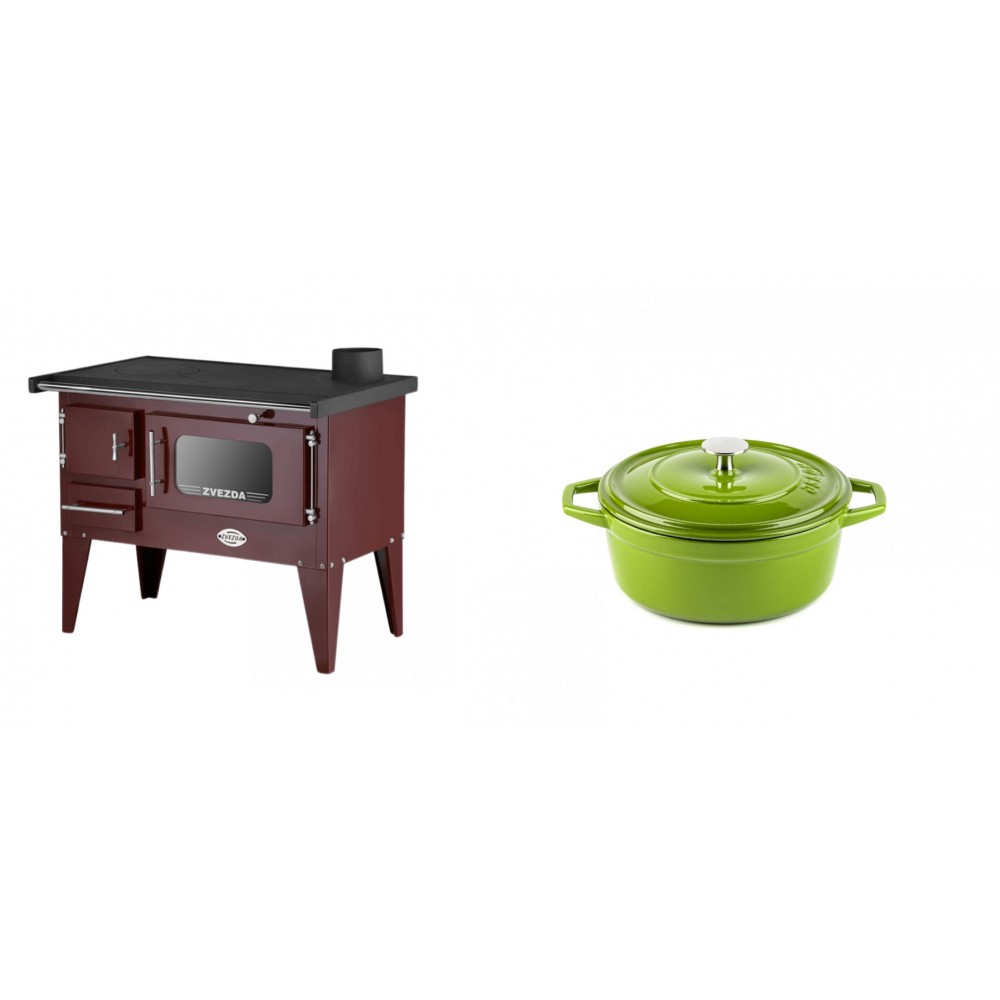 Set Küchenofen / Küchenhexe mit Backofen und Kochplatte Zvezda, Modell Narodna E Braun, Beine, Leistung 6.1 kW + Gusseisen Topf Tiefer Solagio, Bamboo, Ф12