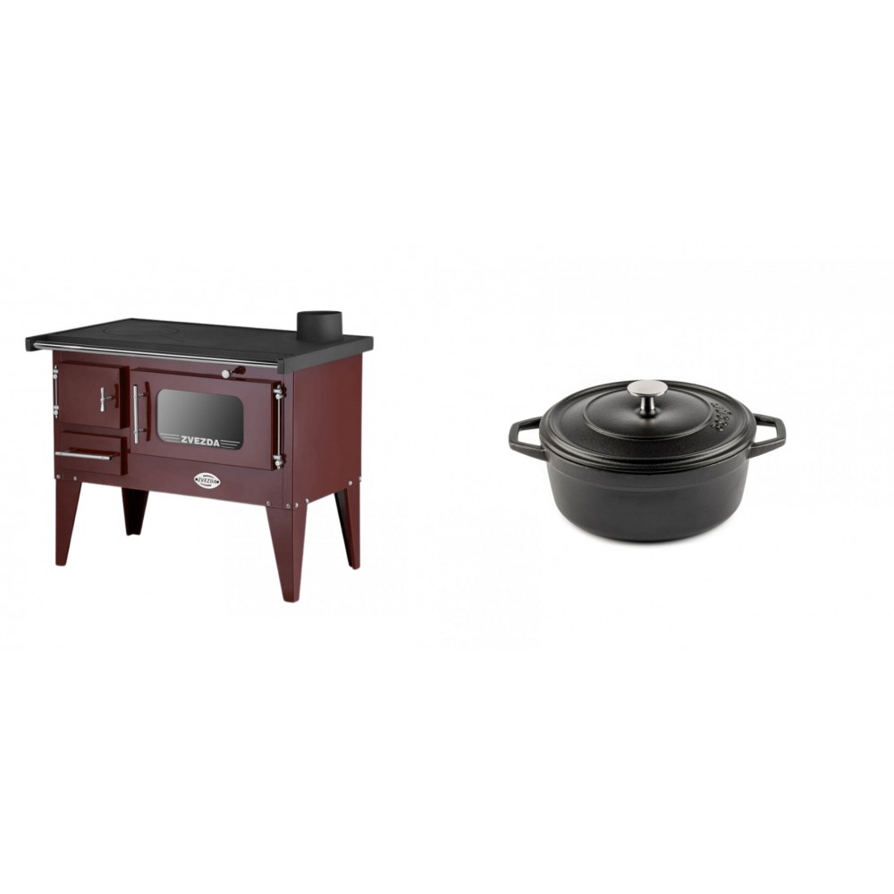Set Küchenofen / Küchenhexe mit Backofen und Kochplatte Zvezda, Modell Narodna E Braun, Beine, Leistung 6.1 kW + Gusseisen Topf Tiefer Solagio, Black Onyx, Ф12 | Kaminofen - Holzofen mit Backfach | Kaminofen |
