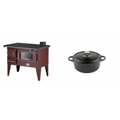 Set Küchenofen / Küchenhexe mit Backofen und Kochplatte Zvezda, Modell Narodna E Braun, Beine, Leistung 6.1 kW + Gusseisen Topf Tiefer Solagio, Black Onyx, Ф12 - Kaminofen - Holzofen mit Backfach