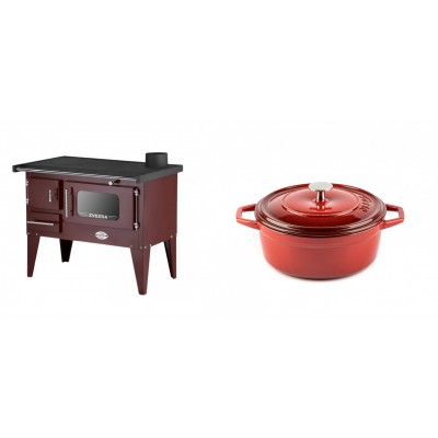 Set Küchenofen / Küchenhexe mit Backofen und Kochplatte Zvezda, Modell Narodna E Braun, Beine, Leistung 6.1 kW + Gusseisen Topf Tiefer Solagio, Rubin, Ф20 - Kaminofen - Holzofen mit Backfach