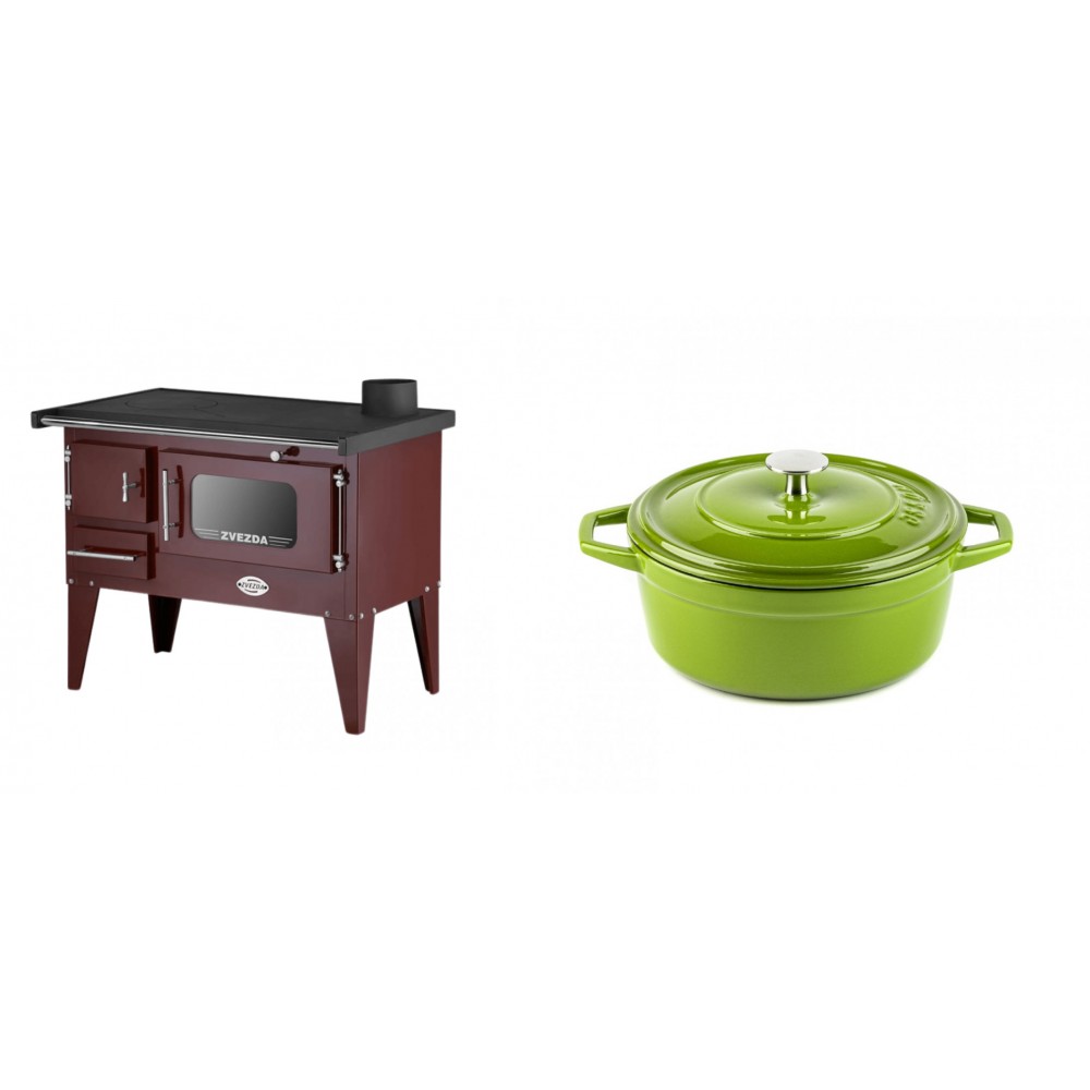 Set Küchenofen / Küchenhexe mit Backofen und Kochplatte Zvezda, Modell Narodna E Braun, Beine, Leistung 6.1 kW + Gusseisen Topf Tiefer Solagio, Bamboo, Ф20