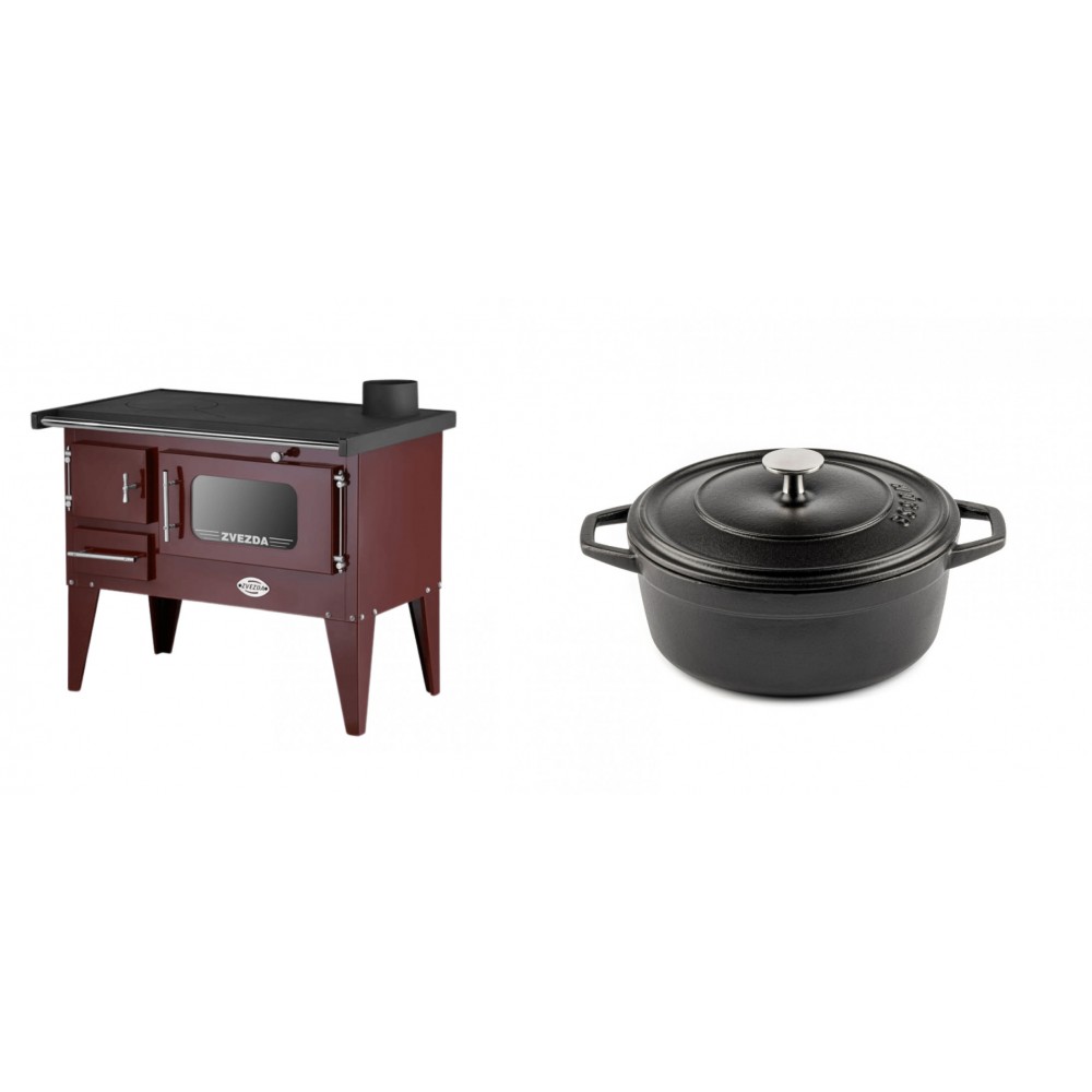 Set Küchenofen / Küchenhexe mit Backofen und Kochplatte Zvezda, Modell Narodna E Braun, Beine, Leistung 6.1 kW + Gusseisen Topf Tiefer Solagio, Black Onyx, Ф20 | Kaminofen - Holzofen mit Backfach | Kaminofen |