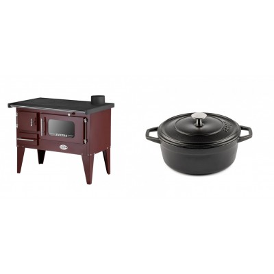 Set Küchenofen / Küchenhexe mit Backofen und Kochplatte Zvezda, Modell Narodna E Braun, Beine, Leistung 6.1 kW + Gusseisen Topf Tiefer Solagio, Black Onyx, Ф20 - Kaminofen - Holzofen mit Backfach