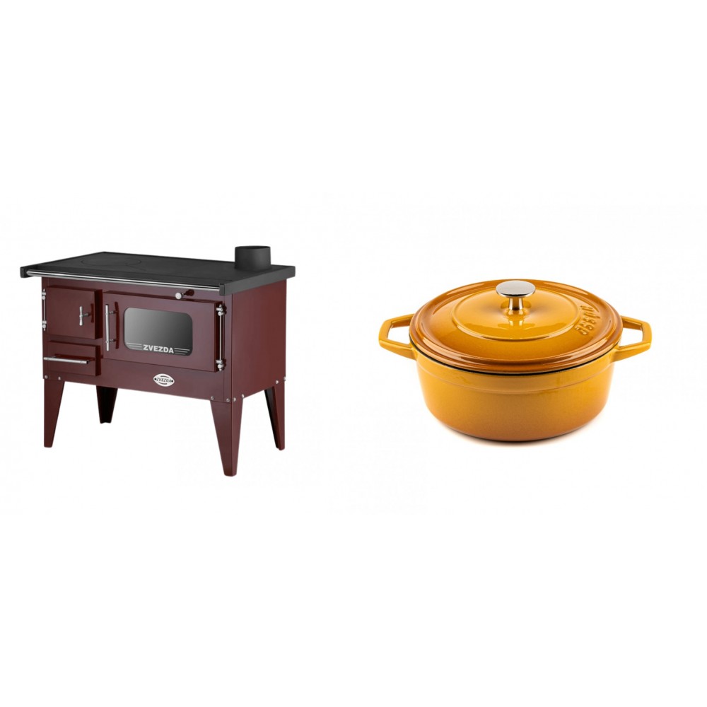 Set Küchenofen / Küchenhexe mit Backofen und Kochplatte Zvezda, Modell Narodna E Braun, Beine, Leistung 6.1 kW + Gusseisen Topf Tiefer Solagio, Dijon, Ф20 | Kaminofen - Holzofen mit Backfach | Kaminofen |