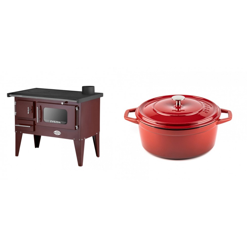 Set Küchenofen / Küchenhexe mit Backofen und Kochplatte Zvezda, Modell Narodna E Braun, Beine, Leistung 6.1 kW + Gusseisen Topf Tiefer Solagio, Rubin, Ф24 | Kaminofen - Holzofen mit Backfach | Kaminofen |
