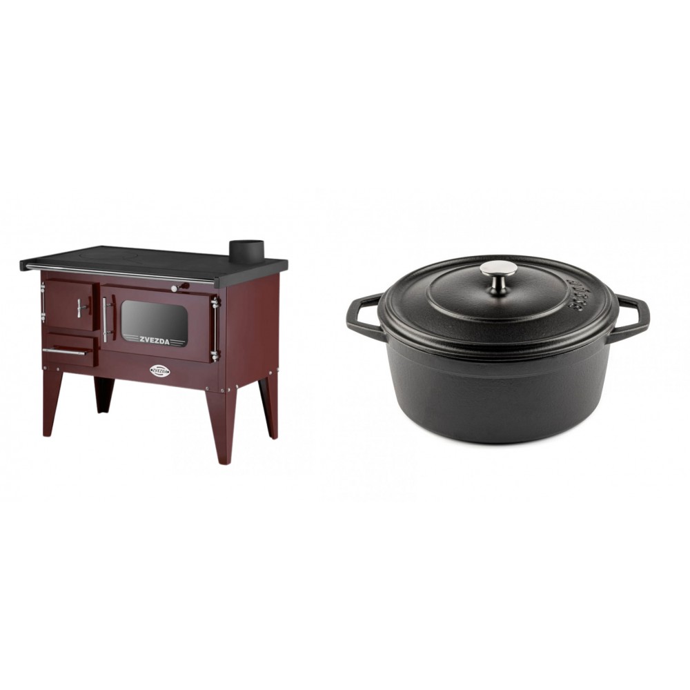 Set Küchenofen / Küchenhexe mit Backofen und Kochplatte Zvezda, Modell Narodna E Braun, Beine, Leistung 6.1 kW + Gusseisen Topf Tiefer Solagio, Black Onyx, Ф24