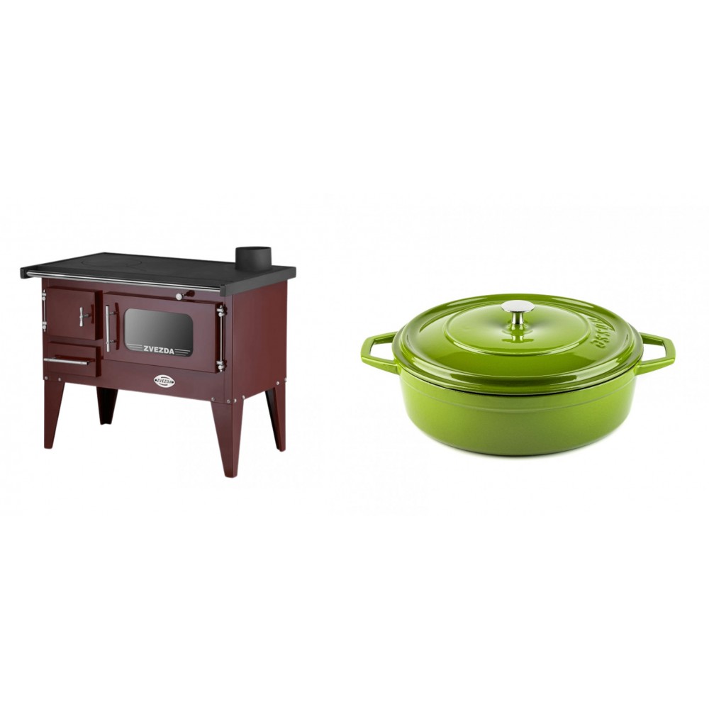 Set Küchenofen / Küchenhexe mit Backofen und Kochplatte Zvezda, Modell Narodna E Braun, Beine, Leistung 6.1 kW + Gusseisen Topf Flach Solagio, Bamboo, Ф26