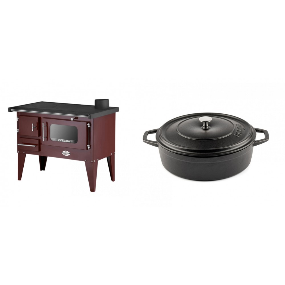 Set Küchenofen / Küchenhexe mit Backofen und Kochplatte Zvezda, Modell Narodna E Braun, Beine, Leistung 6.1 kW + Gusseisen Topf Flach Solagio, Black Onyx, Ф26 | Kaminofen - Holzofen mit Backfach | Kaminofen |