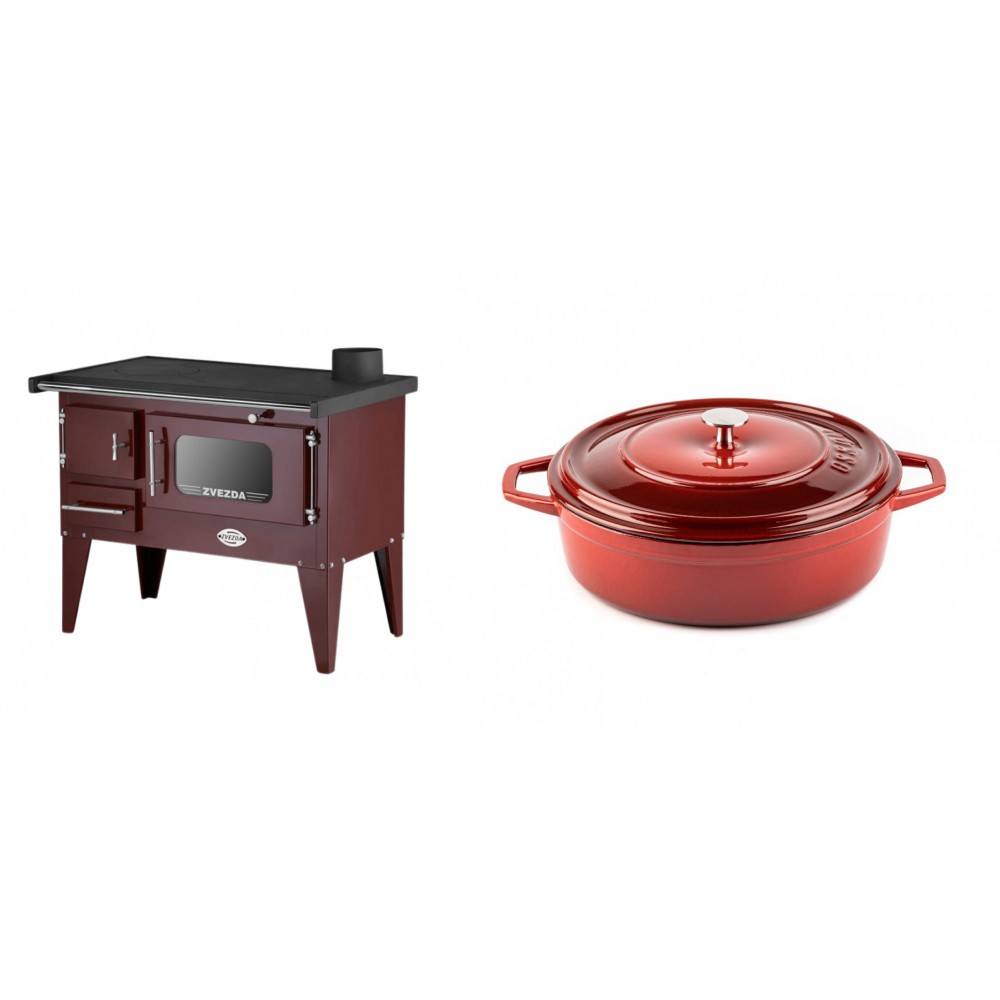 Set Küchenofen / Küchenhexe mit Backofen und Kochplatte Zvezda, Modell Narodna E Braun, Beine, Leistung 6.1 kW + Gusseisen Topf Flach Solagio, Rubin, Ф26