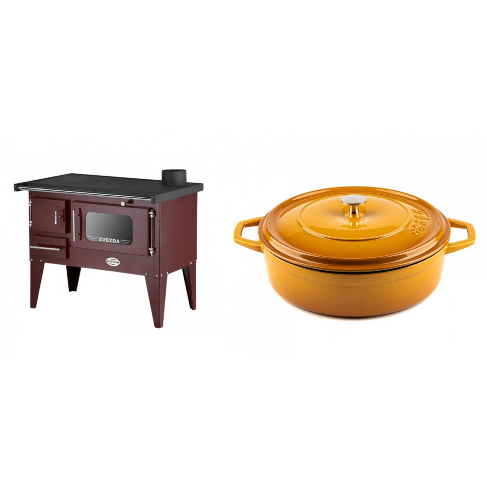 Set Küchenofen / Küchenhexe mit Backofen und Kochplatte Zvezda, Modell Narodna E Braun, Beine, Leistung 6.1 kW + Gusseisen Topf Flach Solagio, Dijon, Ф28