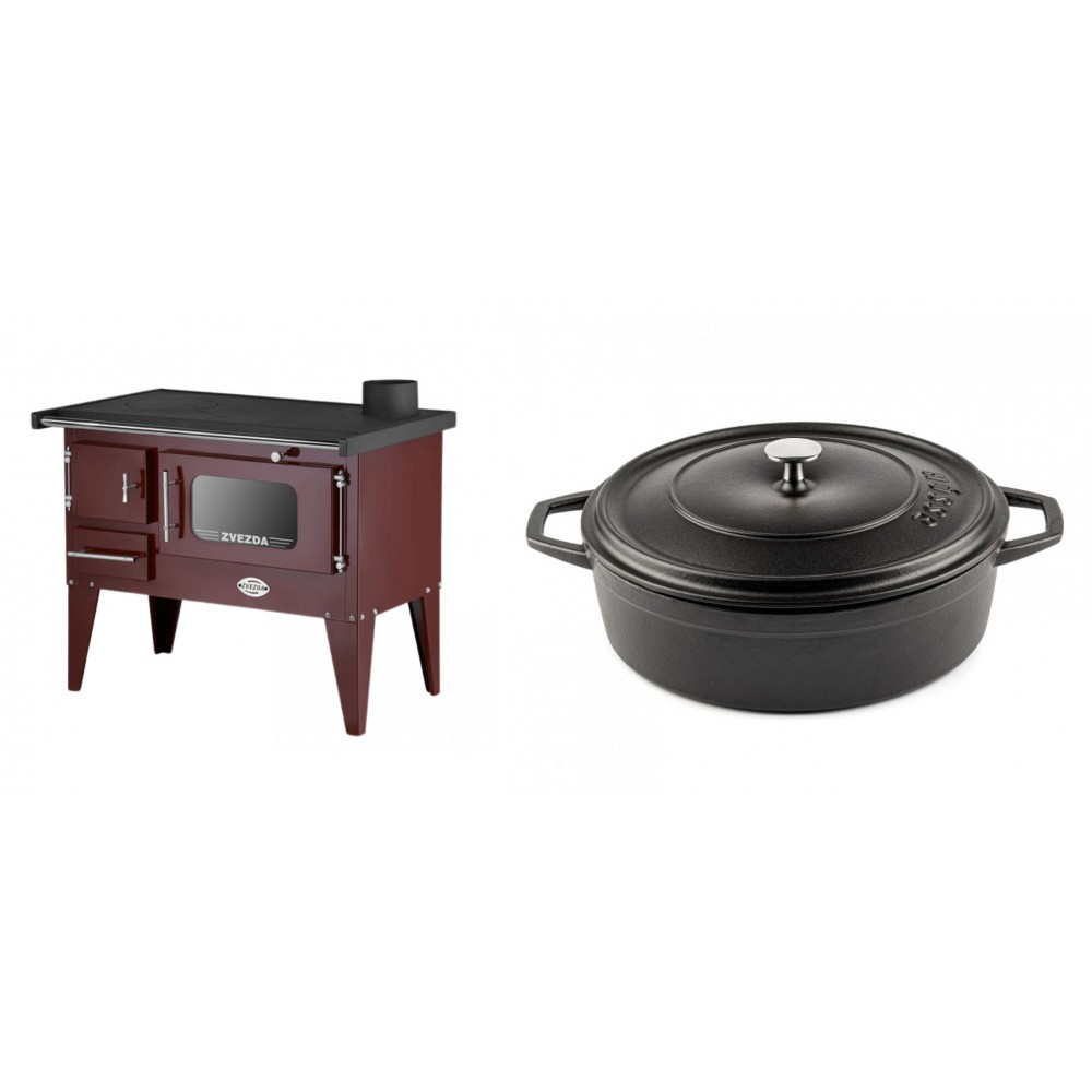 Set Küchenofen / Küchenhexe mit Backofen und Kochplatte Zvezda, Modell Narodna E Braun, Beine, Leistung 6.1 kW + Gusseisen Topf Flach Solagio, Black Onyx, Ф28 | Kaminofen - Holzofen mit Backfach | Kaminofen |