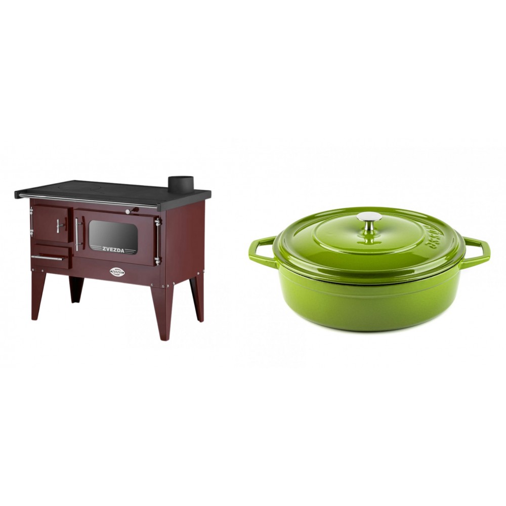 Set Küchenofen / Küchenhexe mit Backofen und Kochplatte Zvezda, Modell Narodna E Braun, Beine, Leistung 6.1 kW + Gusseisen Topf Flach Solagio, Bamboo, Ф28 | Kaminofen - Holzofen mit Backfach | Kaminofen |