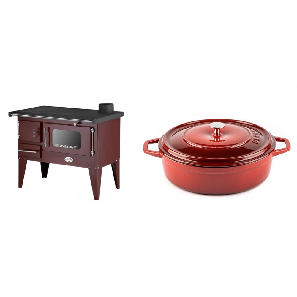 Set Küchenofen / Küchenhexe mit Backofen und Kochplatte Zvezda, Modell Narodna E Braun, Beine, Leistung 6.1 kW + Gusseisen Topf Flach Solagio, Rubin, Ф28