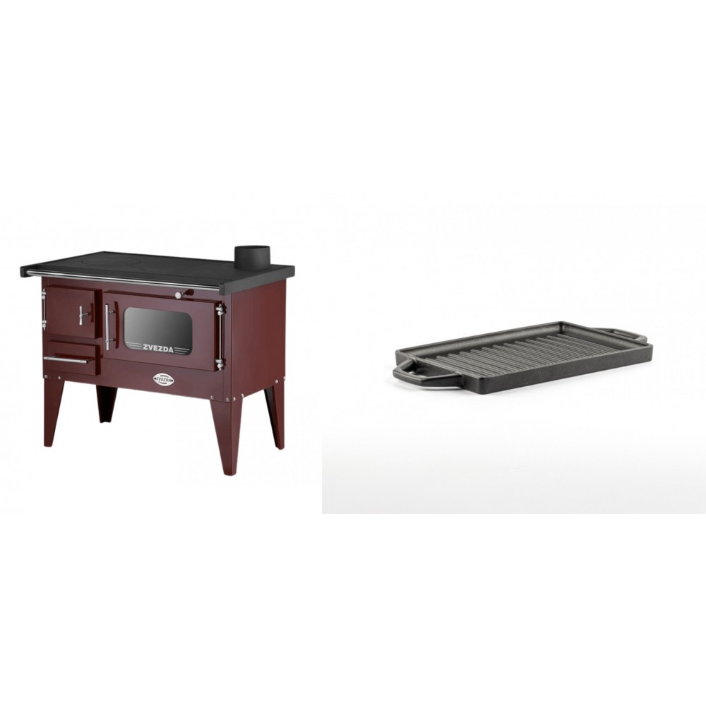 Set Küchenofen / Küchenhexe mit Backofen und Kochplatte Zvezda, Modell Narodna E Braun, Beine, Leistung 6.1 kW + Mini-Grillplatte aus Gusseisen Solagio, 15.5x22.5cm | Kaminofen - Holzofen mit Backfach | Kaminofen |
