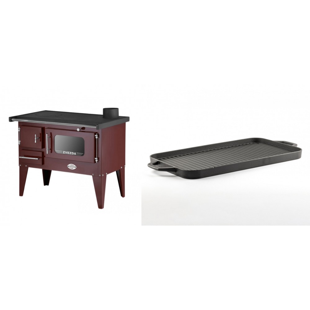 Set Küchenofen / Küchenhexe mit Backofen und Kochplatte Zvezda, Modell Narodna E Braun, Beine, Leistung 6.1 kW + Große Grillplatte aus Gusseisen Solagio, 25x44cm